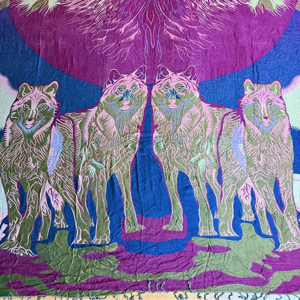 Vintage Wolf Tapestry Blanket Reversible Wall‎ Hanging Lodge Boho Rustic 97x89